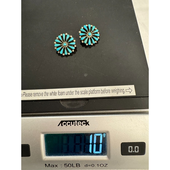 Native American Sleeping Beauty Turquoise Earrings Needlepoint Sterling Signed - Picture 3 of 7